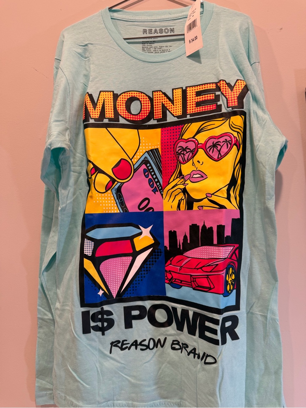Reason Brand Light Blue "Money Is Power" Graphic Long Sleeve Tee